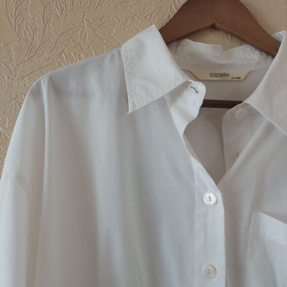 Zapelle White Burton Up Tunic Shirt Pleated Defined Waist Stretch Cotton Sz 1X - Picture 2 of 11